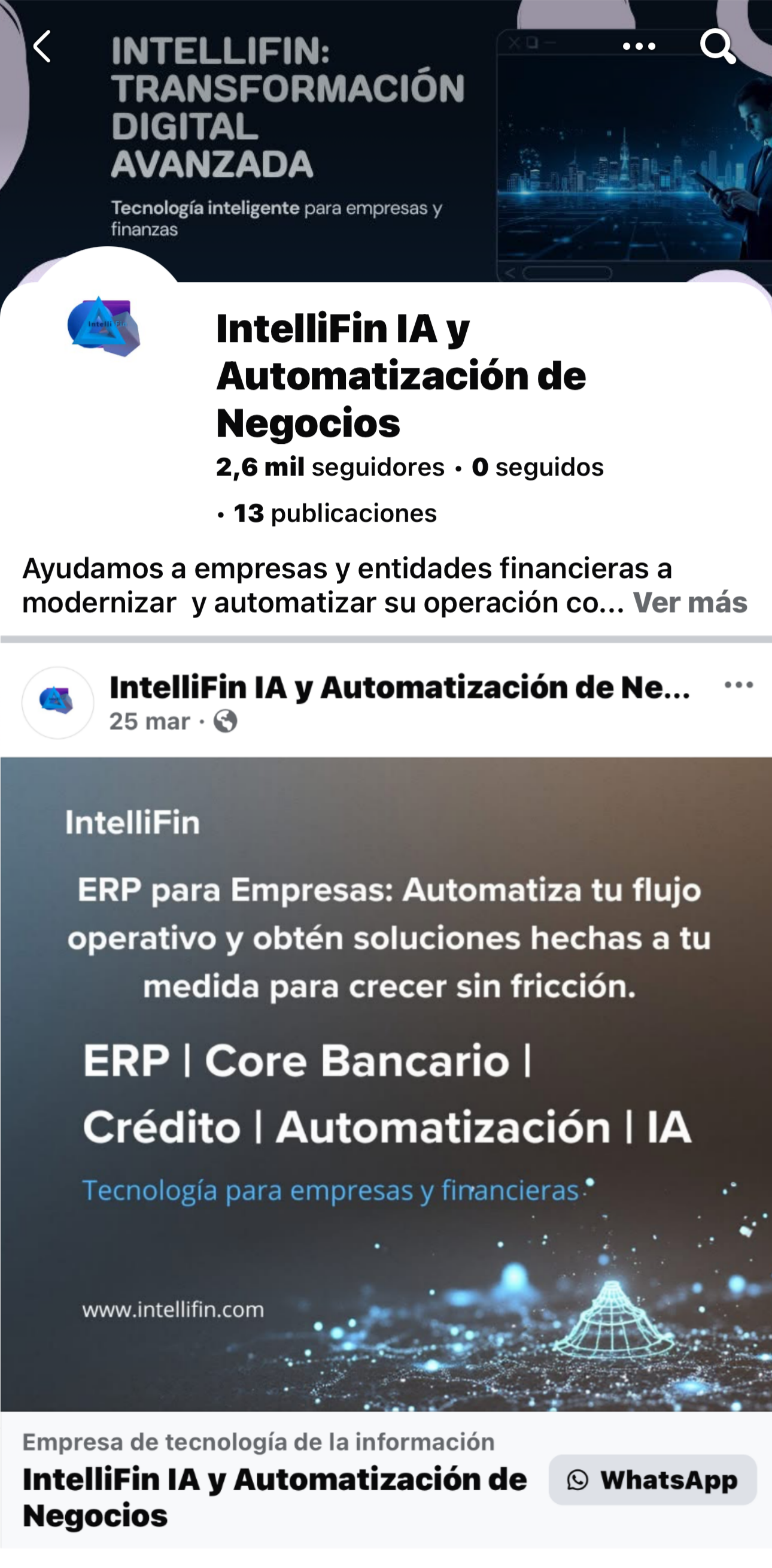 Perfil de IntelliFin en Facebook